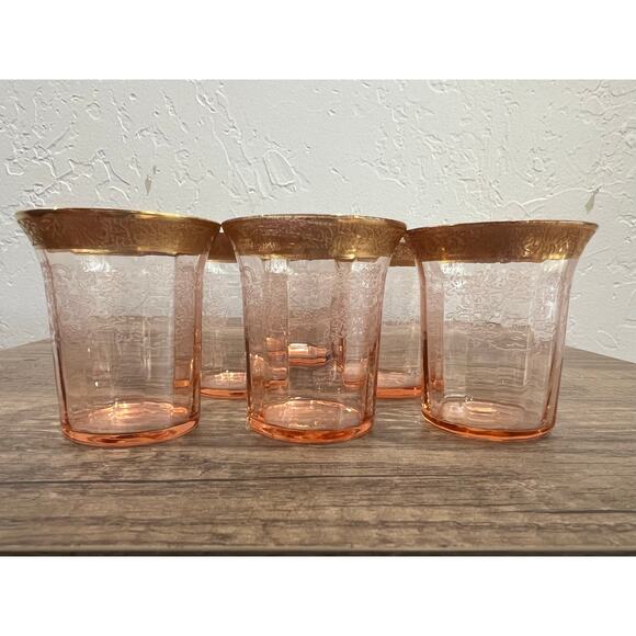 Vintage Tiffin Franciscan Rambler Rose Pink Etched Gold Rim Glasses Set of 6 - Picture 4 of 11